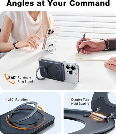 Power Bank TORRAS 5000mAh з MagSafe та кільцем для iPhone 16/15/14/13/12. Бездротовий, USB-C, чорний