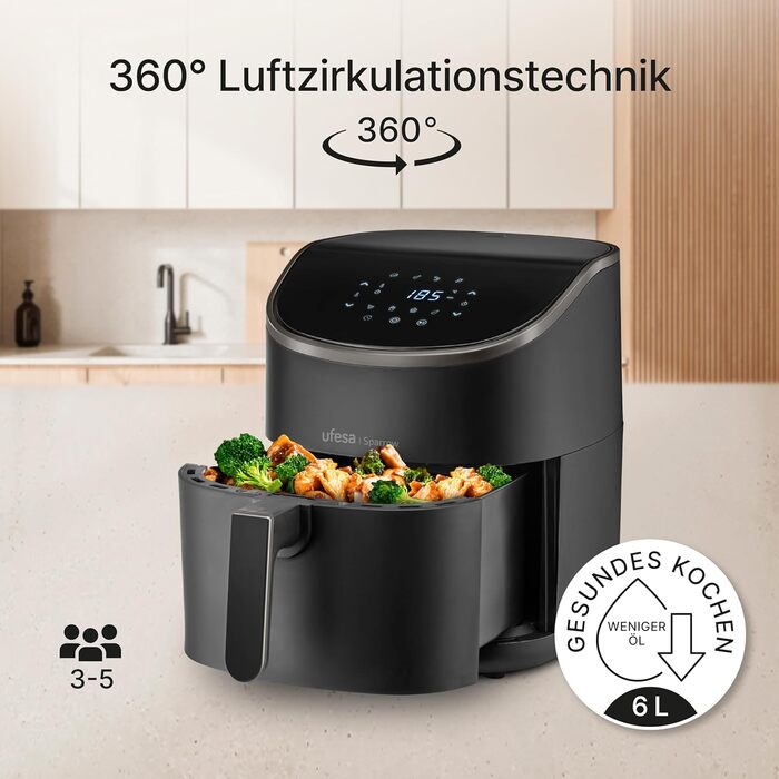 Фритюрниця Ufesa Phantom AF5000 з гарячим повітрям, 5L, Wi-Fi, LED-дисплеєм, 1500W, ексклюзив від Amazon, з функцією приготування на пару (6L)
