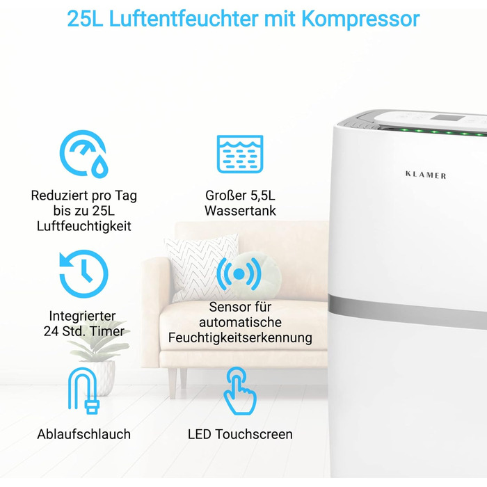 Електричний осушувач повітря KLAMER 25L, потужність 420W, продуктивність 195 м³/год, збір води до 5,5 л