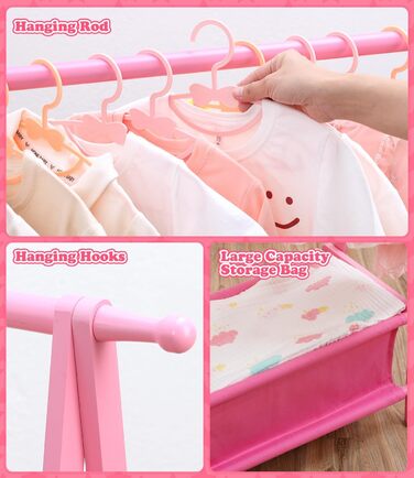 Relquorax Bamboo Children's Clothes Rack with Storage Bag and Clothes Rail, Dress-up Stand, Small Wardrobe Rack, for Costumes in Children's Rooms (Pink)