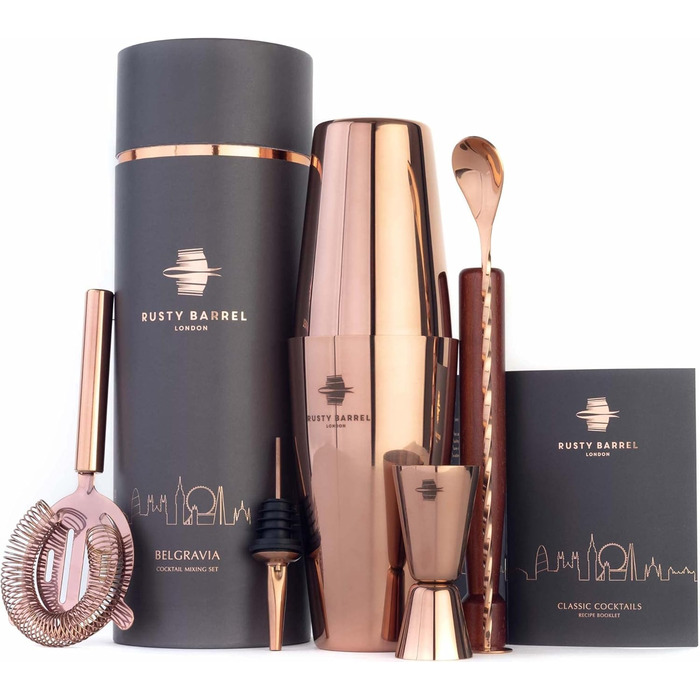 Belgravia Cocktail Set – Cocktail Shaker Set with Boston Stainless Steel Cocktail Shaker and Cocktail Accessories | Copper Cocktail Mix Set in a Luxurious Gift Box