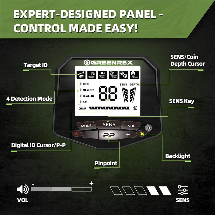 Металодетектор GreenRex Profi: водонепроникна котушка 25.4см, LCD дисплей, для дорослих та дітей, пошук золота, ідеальний для пляжу, під водою та в саду