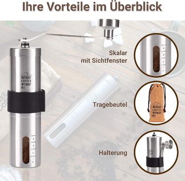 NOUTEN® Преміум ручна кавомолка з керамічним жорном - компактна кавомолка з сумкою та кріпленням для подорожей, плавне регулювання помелу