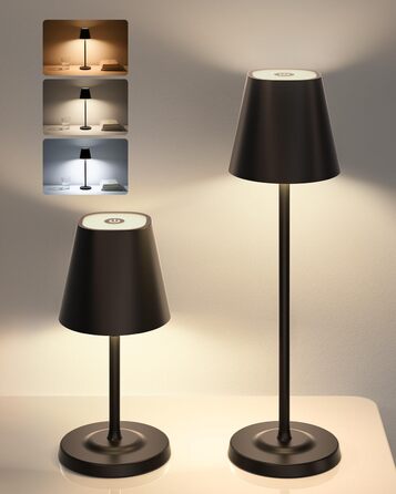 Світлодіодна настільна лампа 3-в-1 бездротова з акумулятором 5500mAh, регульована висота, димування, 3 кольори світла - USB акумуляторна настільна лампа металева водонепроникна сенсорна для дому та вулиці, чорна (набір 2 шт.)