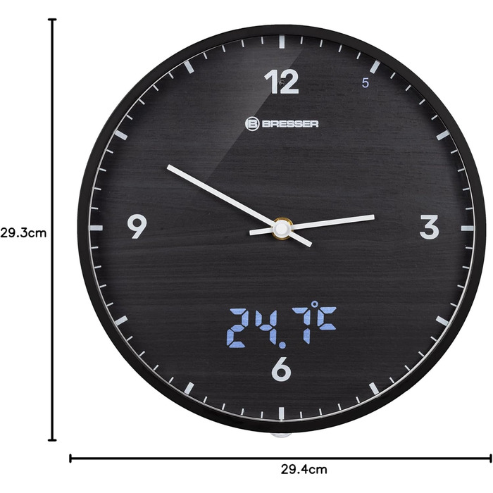 Bresser MyTime Radio-Controlled Wall Clock without Ticking Sounds, 24 cm Dial, LED Second Display, Indoor Temperature, and Silent Radio Clock Movement (Black)