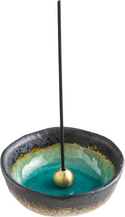 Asayu Japan Mini Incense Holder - Aquamarine - For 83 mm Incense Sticks, Made in Japan, Traditional Ceramic Ash Catcher, Includes Detachable Brass Stand - For Yoga, Meditation, and Relaxation
