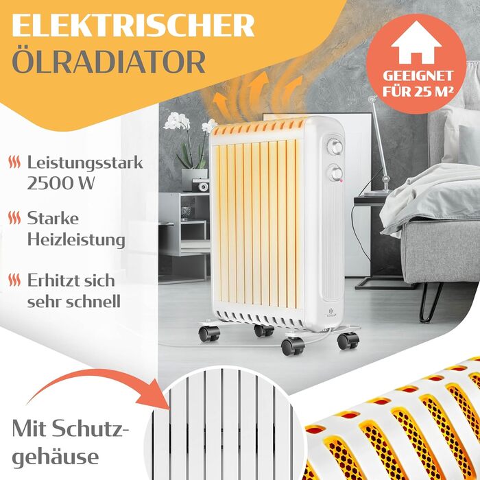 Масляний радіатор KESSER® 2500W з термостатом | Електричний обігрівач, 3 режими нагріву, білий