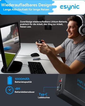 eSynic Підсилювач для навушників HiFi – портативний, 3.5mm AUX, 1000mAh, для MP3/MP4/Smartphone/PC, підходить для навушників 16-600 Ом, алюмінієвий корпус