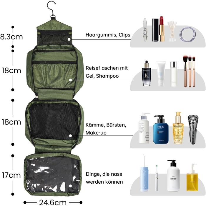 Сумка-органайзер для туалетних аксесуарів, велика дорожня сумка-мішечок для жінок та чоловіків, 4-в-1 водонепроникна, для подорожей/кемпінгу, армійний зелений