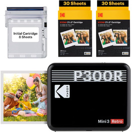 Фотопринтер KODAK Mini 3 Retro: портативний друк 7,6x7,6 см + 68 аркушів, чорний