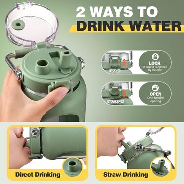 1.9L Glass Water Bottle, Glass Drinking Bottle with Straw and Stainless Steel Handle, Motivational Water Bottle with Silicone Sleeve and Time Marker, Water Pitch, (Olive2, 1900ML)
