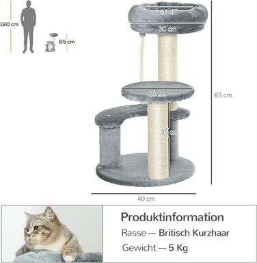 PawHut Cat Tree Climbing Tree with Hammock, 3-Tier Play Tree with Cat Bed Cat Scratching Post with Sitting Platform, Sisal Columns, Grey Ø40 x H65 cm