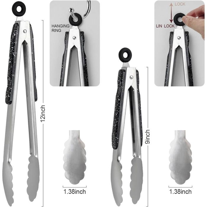 Stainless Steel Kitchen Tongs, 22.9 cm and 30.5 cm, 2 Pieces, Sturdy Grill Tongs with Brushed Closure, Food Tongs with Ergonomic Handle, Black
