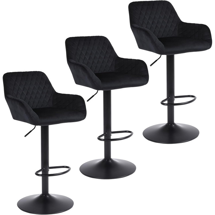 Ralex Velvet Bar Stools 3-Piece Set - Adjustable Swivel Bar Height Chairs with Backrest & Armrests for Kitchen, Bar & Counter (Black)