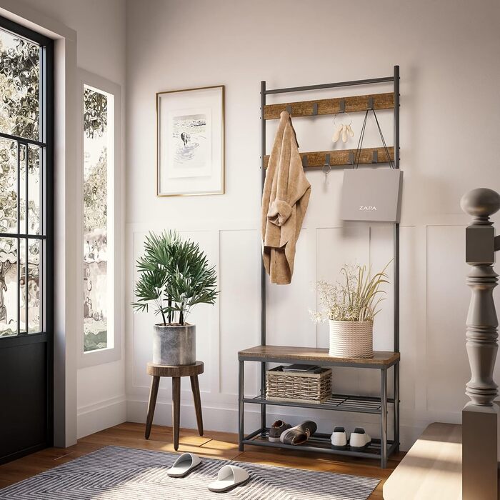 Mondeer Coat Rack, Shoe Rack with Coat Rack, 3 Shelves and 9 Detachable Hooks, Industrial Design, Metal and Wood Construction, 70 x 32 x 175 cm, for Entryway, Brown