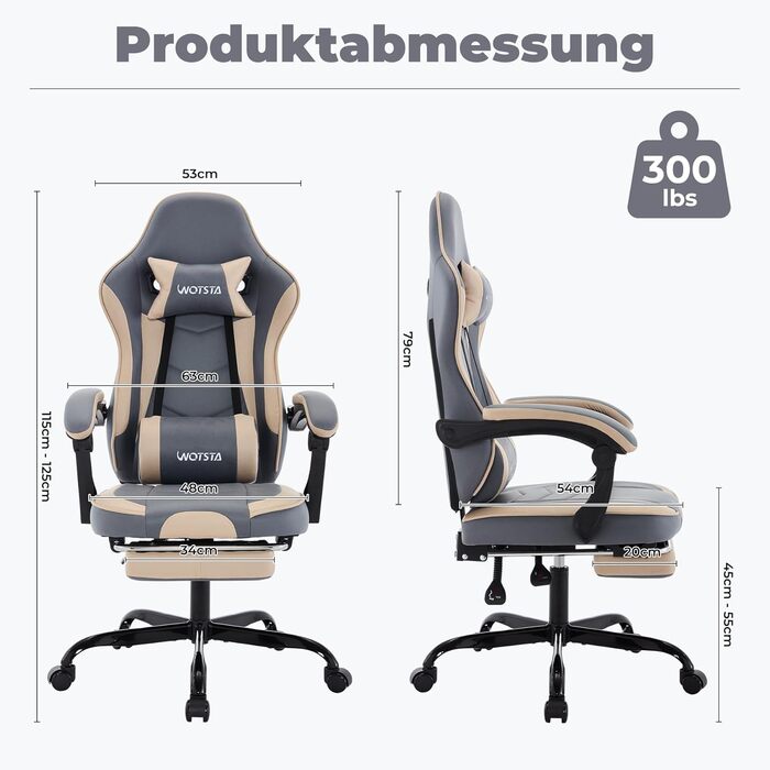 Геймерське крісло Ergonormic з підставкою для ніг, регульованою підтримкою спини, темно-сіре (синьо-бежеве)