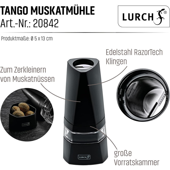 Млинок для мускатного горіха Lurch Tango з нержавіючим лезом, пластик, 5x5x13 см, чорний
