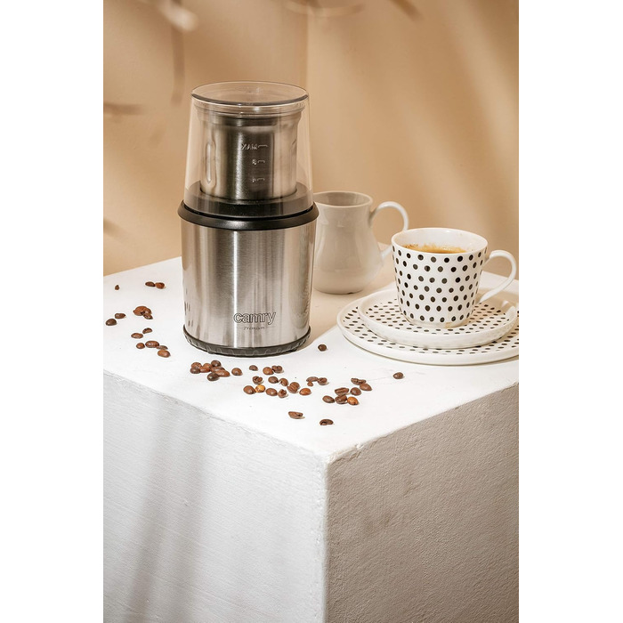 CAMRY CR 4444 Coffee Grinder with Safety Lid, 75g Capacity, 400W, Stainless Steel Housing, Safe Electric Grinder with Spoon, Electric Propeller Grinder with Transparent Lid, Silver
