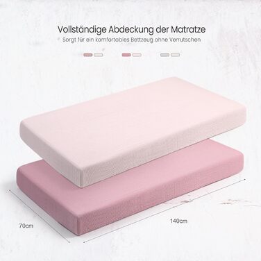 lulumoon Muslin Fitted Sheet Set for Crib: Soft & Breathable Fitted Sheet for Travel Bed and Baby Bed 100% Cotton 60x120-70x140cm 2-Pack (Pink Geranium)