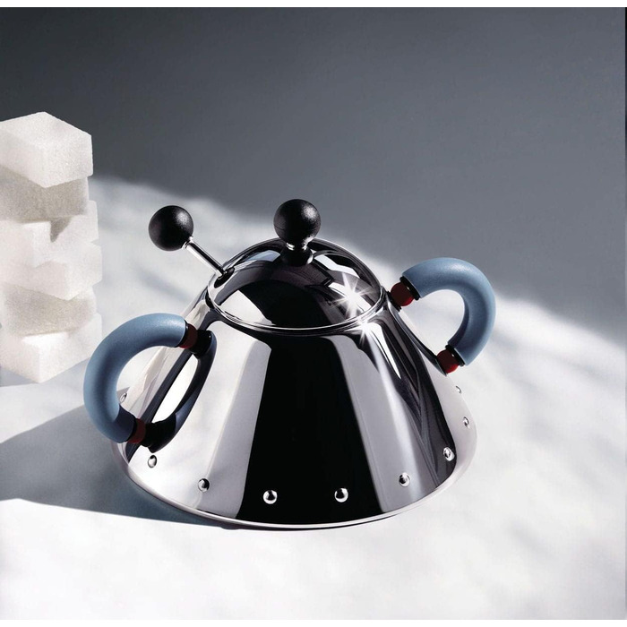 Alessi Sugar Bowl with Spoon, Stainless Steel, PA Handles and Knob, Black, Silver, 35.5 x 10.5 x 18.5 cm