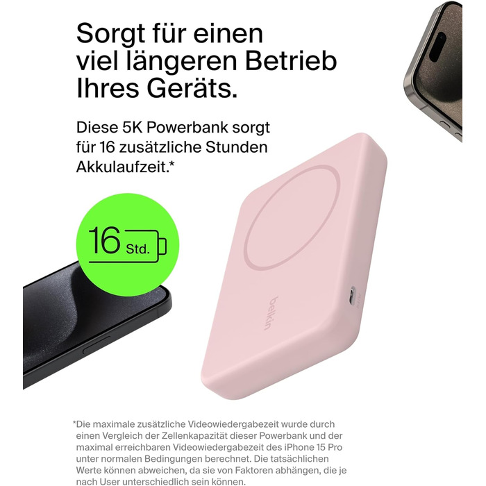 Powerbank Belkin BoostCharge Pro 10000mAh з Qi2 та MagSafe, рожевий, з інтегрованим підставкою, для iPhone 17, Air, 16, 15, 14, Pixel та інших