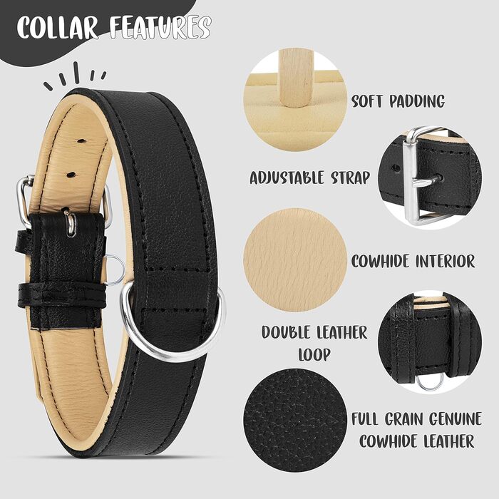 Riparo Genuine Leather Adjustable Dog Collar with Additional Reinforcement (XL: 4.5CM Wide for 53.4CM - 63.5CM Neck, Black)