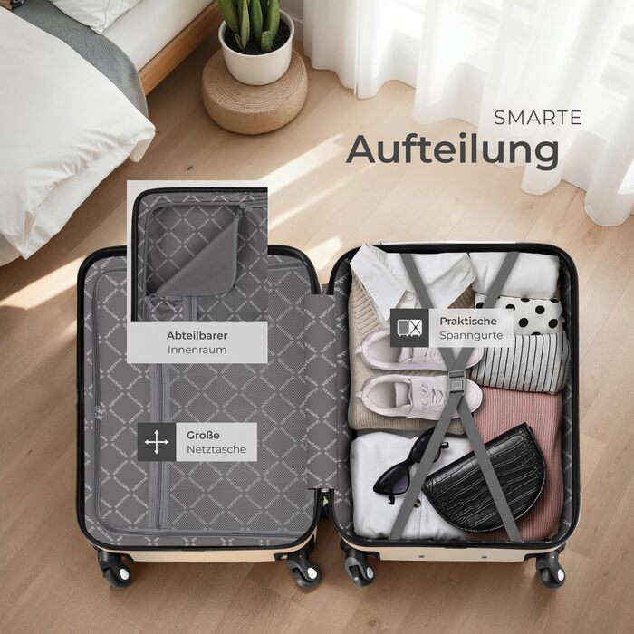 Набір валіз Tectake® 4 шт. з відстібними колесами 360°, жорсткий корпус з TSA замком, велика валіза з роздільником, ручна валіза, телескопічна ручка - колір шампань | 403411