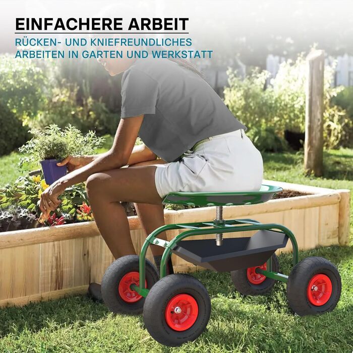 Wiltec Garden Wagon with Storage Area up to 150kg, Garden Chairs with Tires, Garden Trolley for Gardening, Workshop Wagon, Mobile Work Cart, Garden Seat, Mobile
