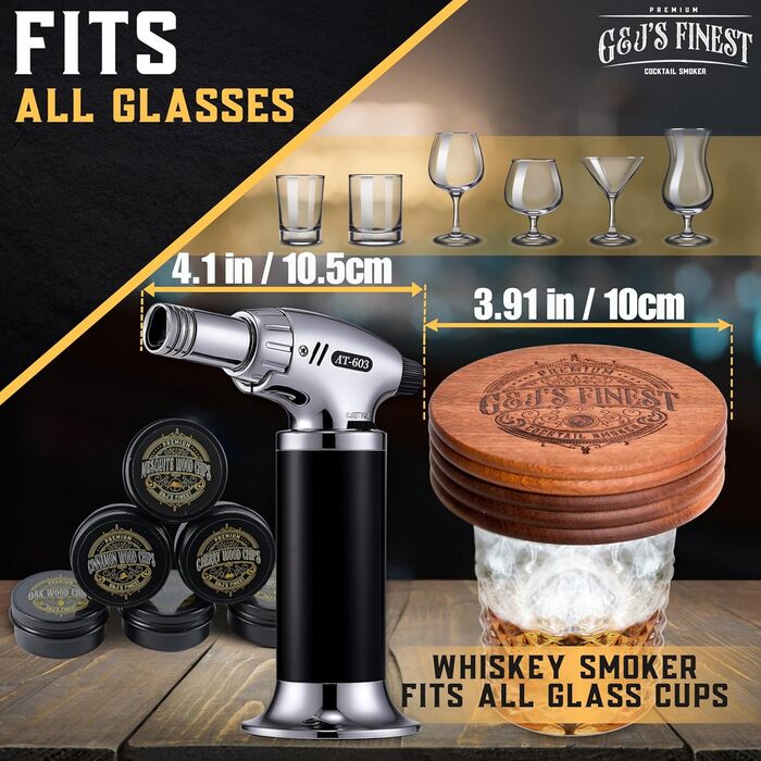 Набір для копчення віскі | Набір для копчення коктейлів з факелом, захистом від обгорання, кришкою, 6 дерев'яними стружками та подарунковою коробкою для копченого Old Fashioned | Набір для копчення бурбону (без бутану) Стандартний