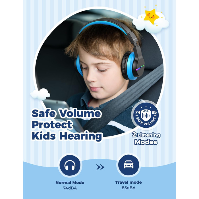 iClever Бездротові навушники для дітей 2 шт. з LED-підсвічуванням, Over-Ear, обмеження гучності 74/85 дБ, 85 годин роботи, Bluetooth 5.2, мікрофон, чорний/рожевий