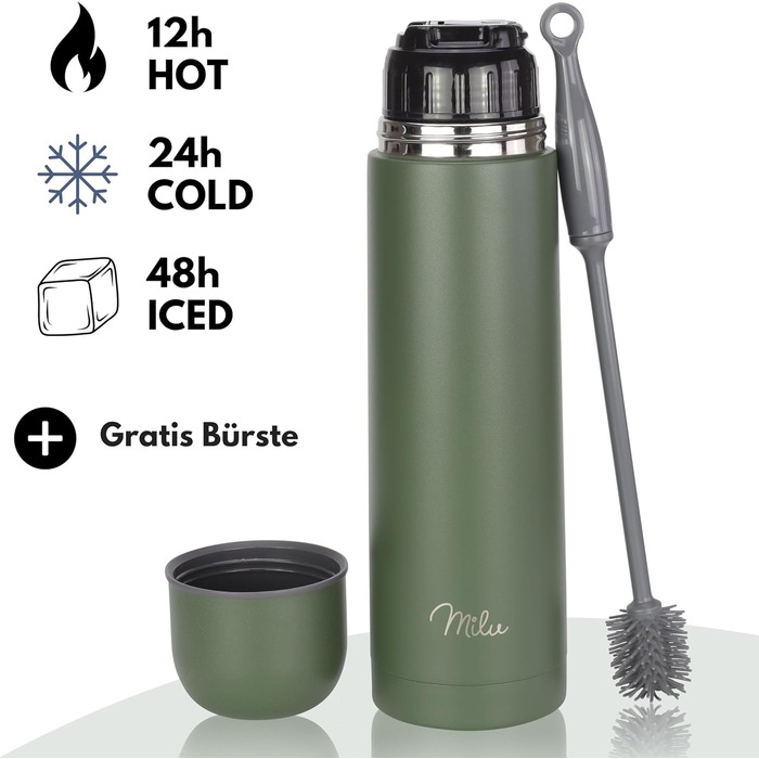 Термос Milu: ізольована фляга з нержавіючої сталі, 100% без витоку, подвійна ізоляція (оливковий, 1000 мл)