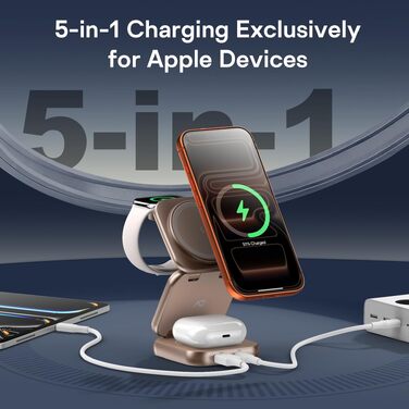 Бездротова зарядна станція 5 в 1 AC Island для iPhone 17/16/15/14/13/12, Apple Watch 11/Ultra та AirPods Pro, MagSafe, складана, срібляста (з адаптером 35W)