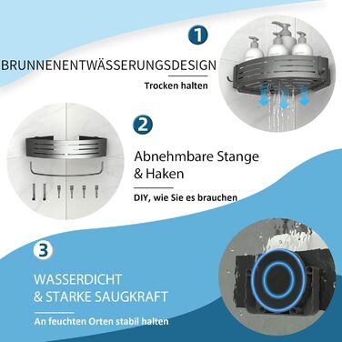 Двомісне куткове поличок для душу без свердління з присосками, водонепроникний органайзер для ванної кімнати, з тримачем для рушників, для шампуню та гелю для душу, чорний матовий (1 шт. сірий кутовий поличок для душу)
