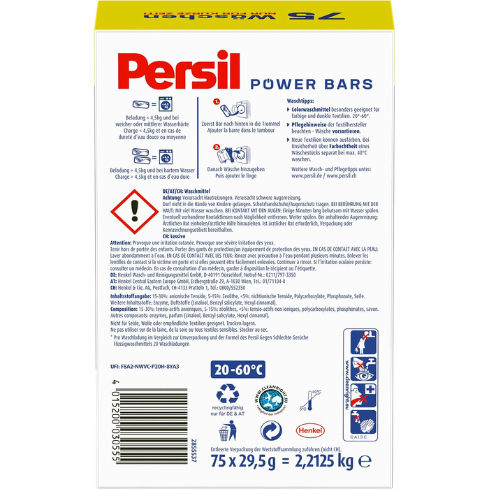 Капсули для прання Persil Power Bars Color для кольорових речей, 60 прань, гігієнічна чистота від 20°C, 2.21 кг