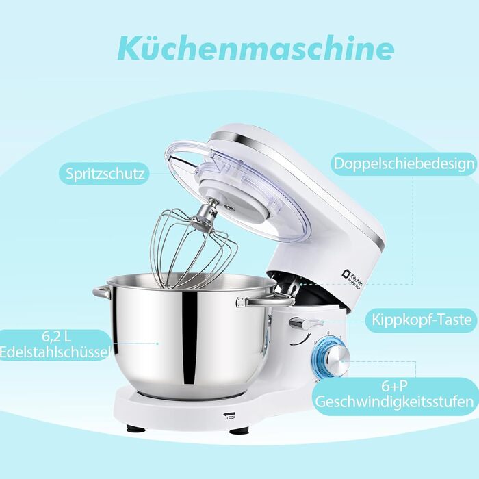 Кухонна машина Küchenmaschine 6.2 л, 1400 Вт, 6 швидкостей, з набором насадок (міксер, гак для тіста)