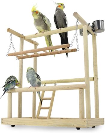 Bird Playground, budgie toys, bird play stand, bird gym, bird accessories, climbing frame with feeder cups, tray, swing for parakeets, canaries, finches, etc. (#8)