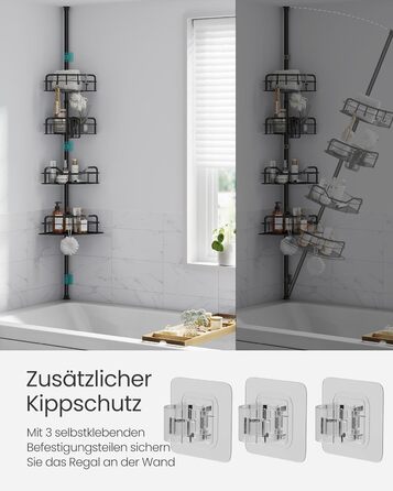 SONGMICS Поличка для душу та ванної кімнати, без свердління, 4 яруси, регульована висота, чорний BCB003B01