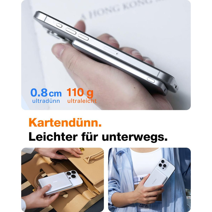 TORRAS MiniMag Ultra Slim Powerbank з MagSafe для iPhone 17 Pro Max, 5000mAh, Швидка зарядка, Бездротовий акумулятор, USB-C, Серія Titan (Сріблястий)