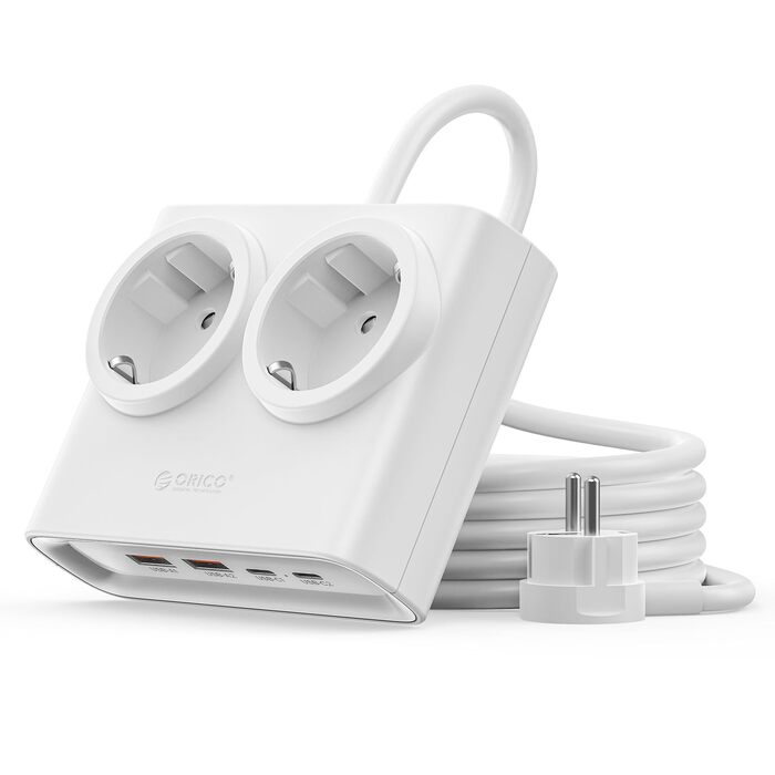 Мережевий адаптер ORICO 25W GaN 6-в-1 білий з 2 розетками AC, 4 USB (2 USB-C PD), кабелем 1.6м, 2500W для дому/офісу