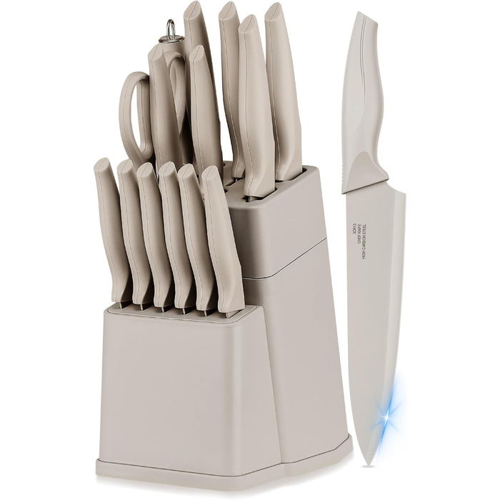 Набір ножів Joyfair 15 предметів з бруском, з високоякісної нержавіючої сталі, кухонний набір ножів для нарізки та подрібнення (Хакі)