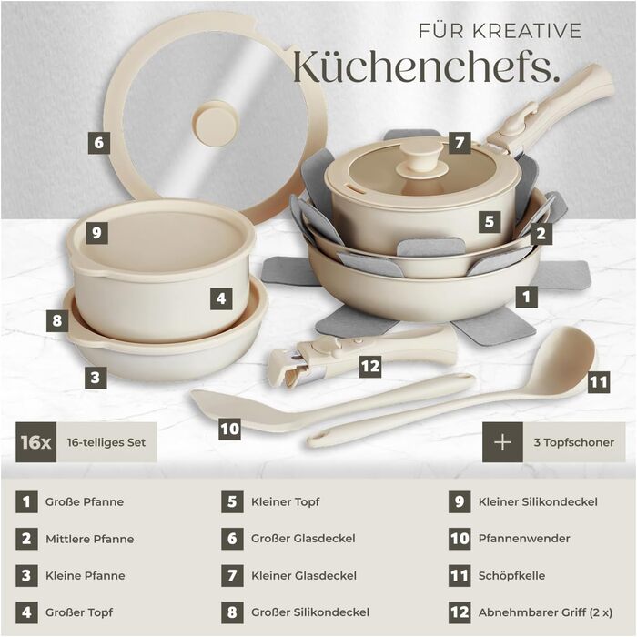 Набір посуду Tectake 16 предметів для індукції з керамічним антипригарним покриттям: каструлі, сковороди, кришки. Знімні ручки.