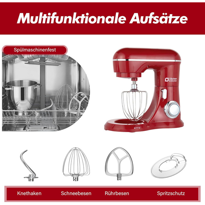 Кухонна машина Küchenmaschine 6 л, 1300 Вт, 10+ швидкостей, з набором насадок (міксер, гак для тіста, вінчик), темно-зелений/червоний