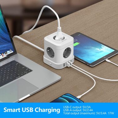 Сетевой фильтр JSVER Cube 5-портовый с USB, кубический сетевой фильтр (3680W 16A) с 4 USB-зарядками (17W), для столу, офиса, дома или в поездку, 2м кабель, белый