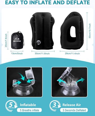 JefDiee Inflatable Neck Pillow Travel Airplane, Portable Travel Pillow, Neck Support Pillow Comfortably Supports Head and Chin, Pillow for Trains, Cars, Office, Home, with 3D Eye Mask, Earplugs (Black)
