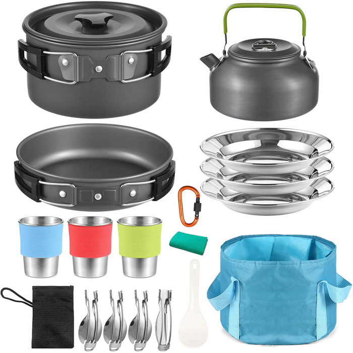 Набір посуду для кемпінгу Aomiun на 3 особи (22 частини) | Посуд для приготування їжі на природі, піших прогулянок та подорожей