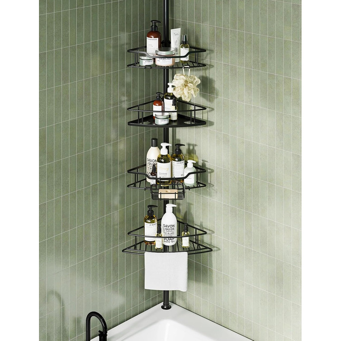 Кутова душова кабіна USHOWER з полицями для шампуню, 4-ярусна, з регульованою по ширині стійкою, з нержавіючої сталі, 130-307 см, чорна