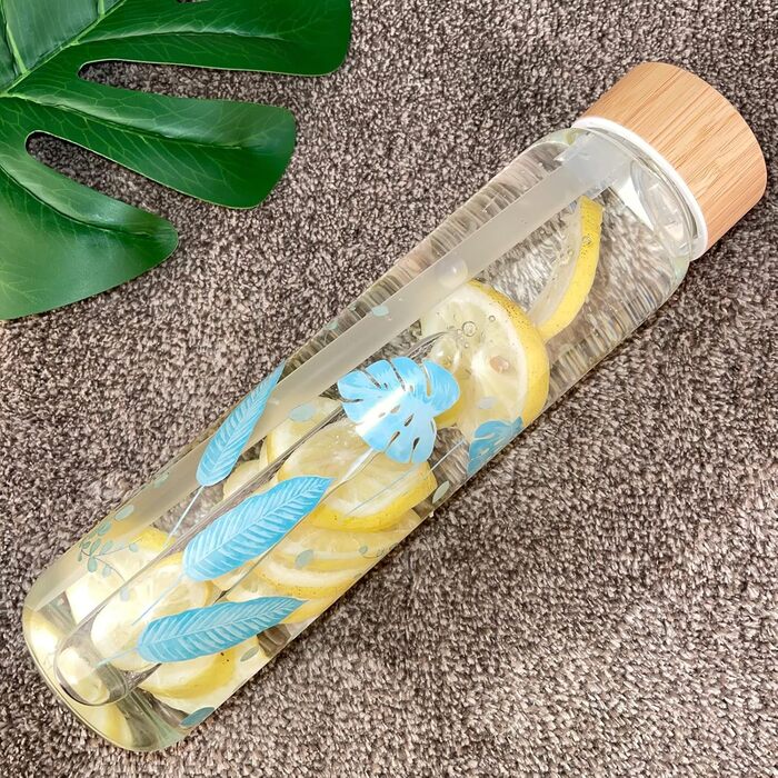 Glass Drinking Bottle 1l Glass Water Bottle with Bamboo Lid 1 Liter (1000ml) (Blue Leaves 1liter)