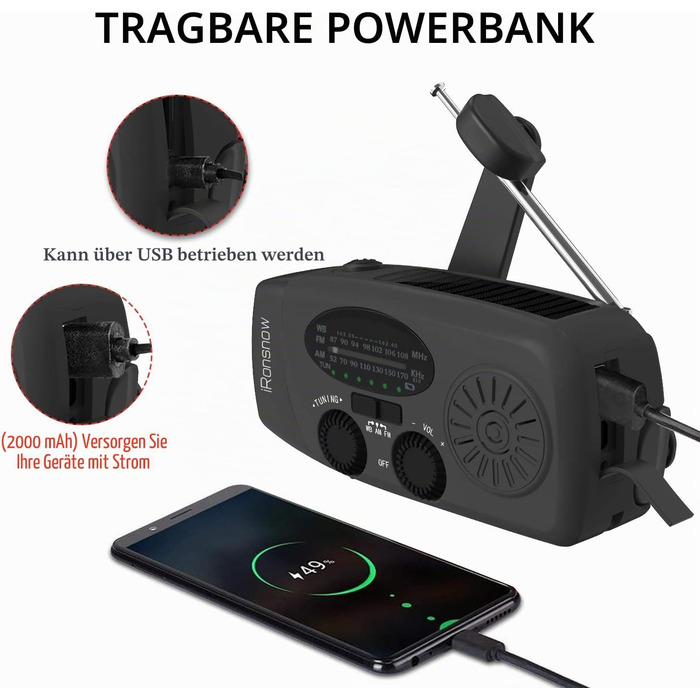 Сонячна радіостанція iRonsnow з ручним заводом, ліхтариком LED, 2000mAh AM/FM, USB зарядка, Powerbank, для походу, кемпінгу (Чорний)