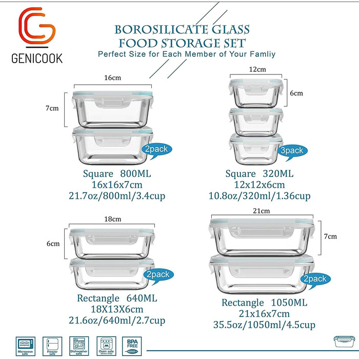 Скляні контейнери для зберігання їжі Genicook (9 шт. з кришками) 1804-1