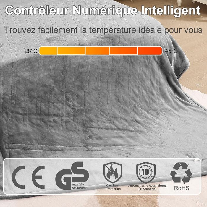 Електрична ковдра COZYTY 150x200 см з таймером та захистом від перегріву, фланель, 6 режимів нагріву, сіра